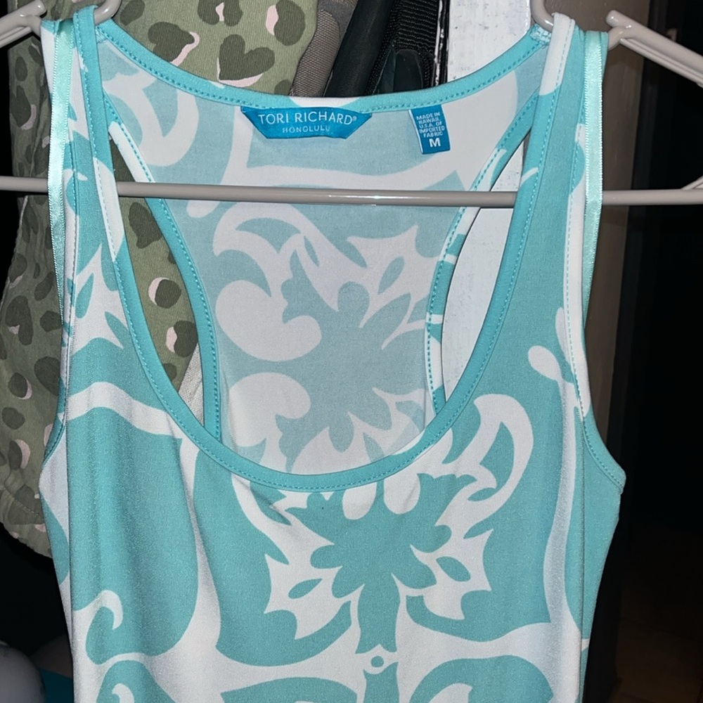 Tori Richard Honolulu- Aqua and White Patterned Maxi Dress